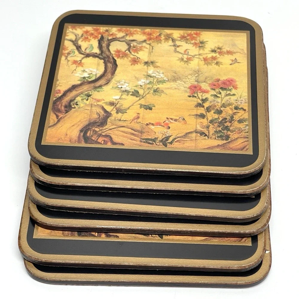 Vintage Pimpernel Acrylic Coasters Chinese Screen Pattern‎ Back Corked set Of 6